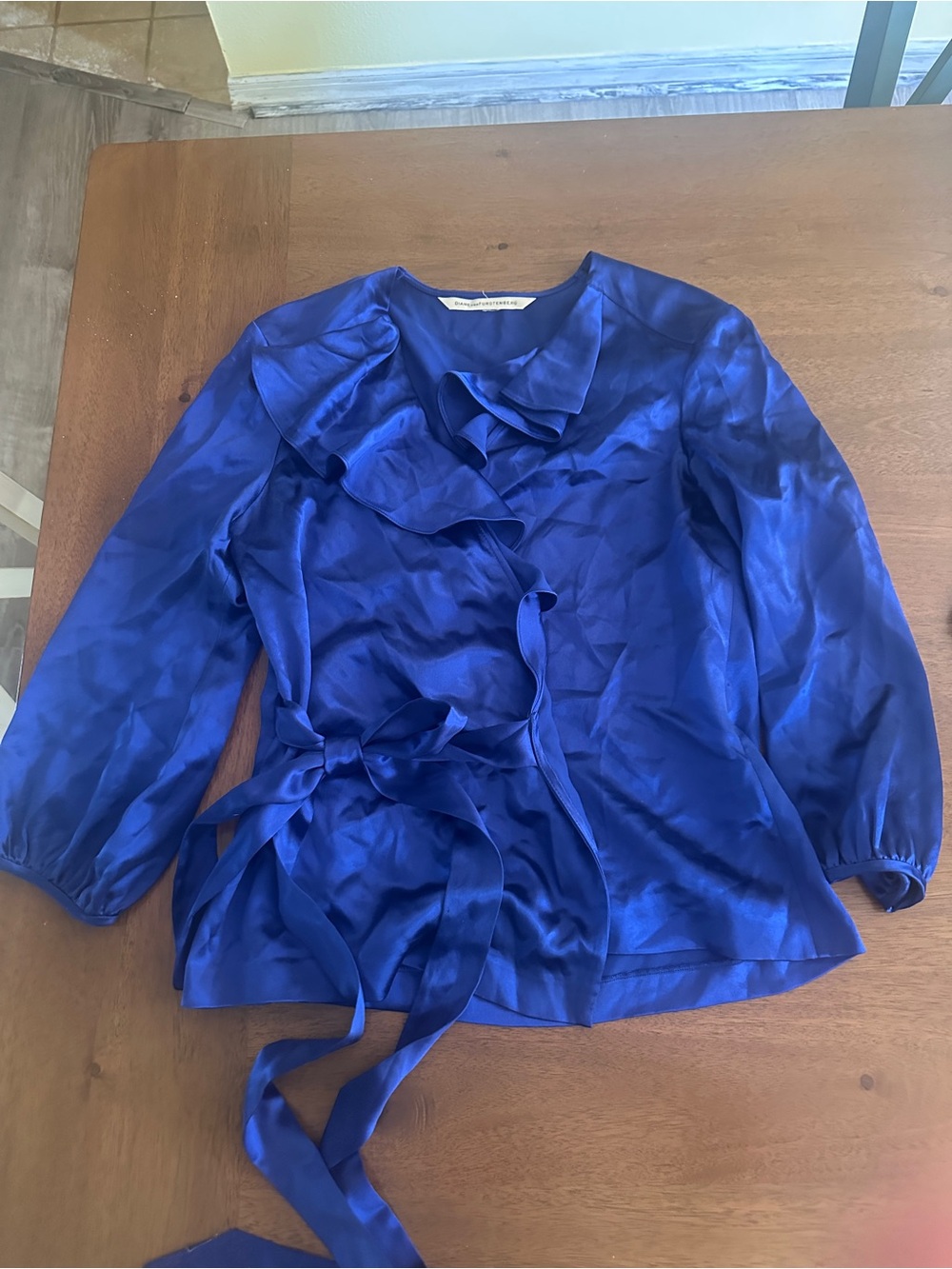 Diane Von Furstenberg Cobalt Blue Ruffled Wrap silk shirt